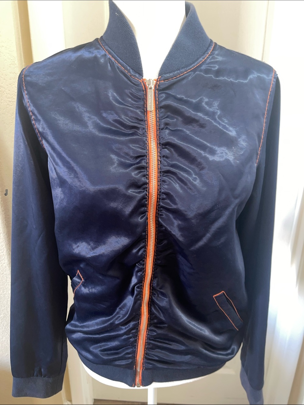 True Religion Navy Bomber Jacket with Orange Zipper